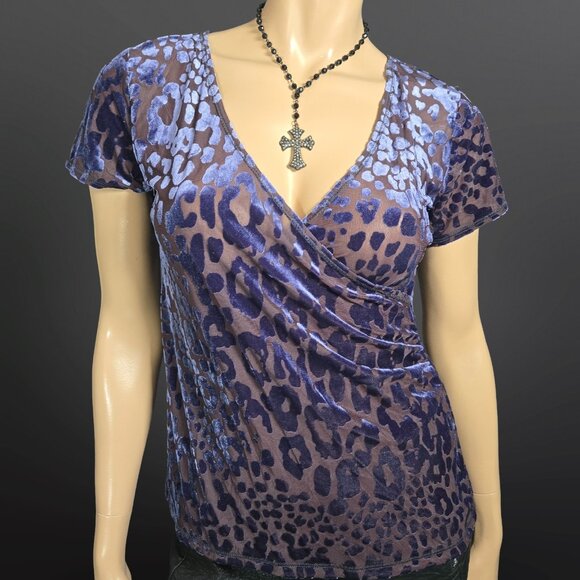 Y2K Blue Leopard Flocked Velvet Burnout Sheer Mesh Top Size M V Neck - Picture 1 of 11